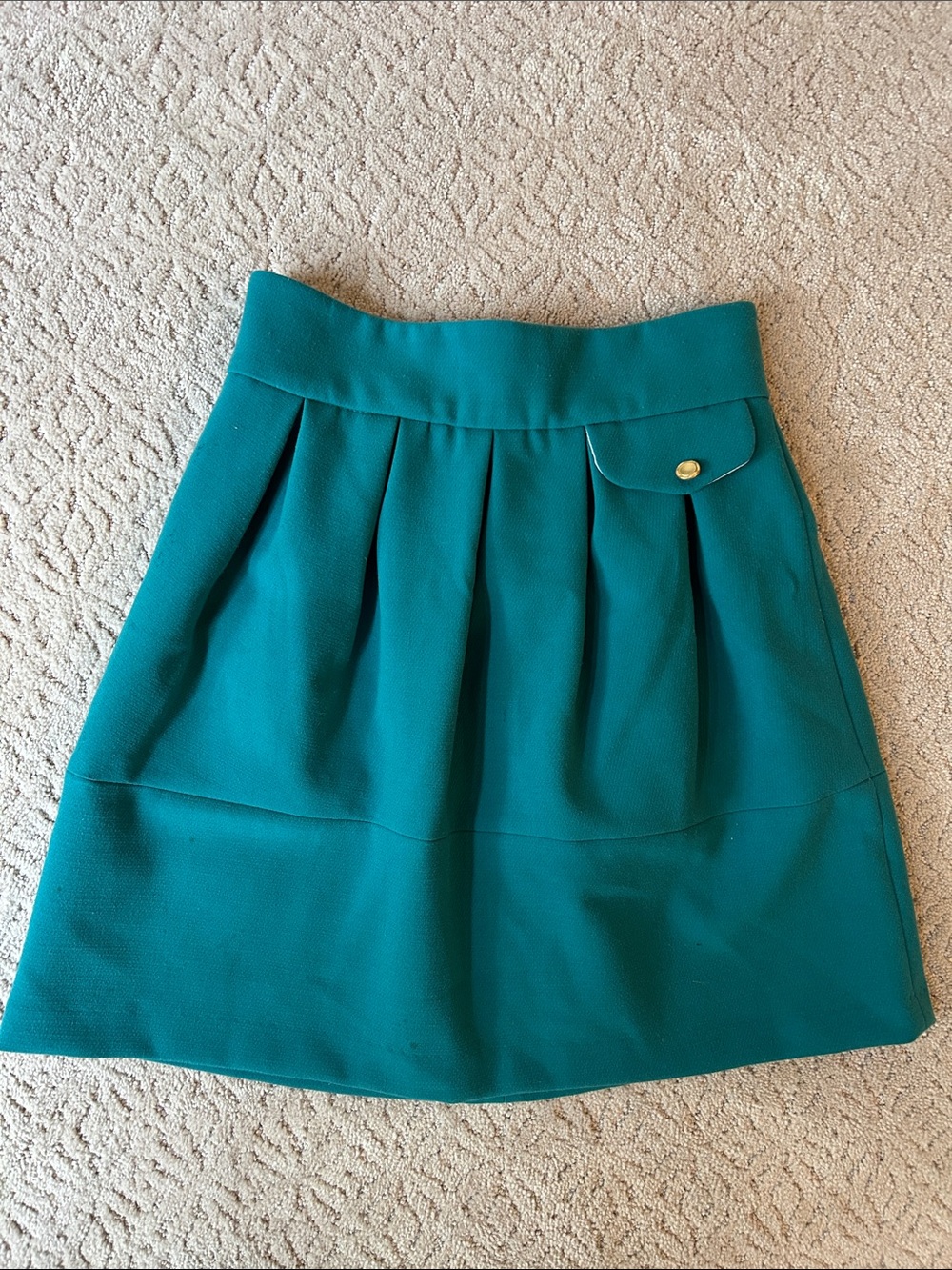 Pleated Teal A-Line Skirt with Faux Pocket & Gold Button